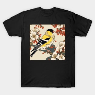 Vintage Goldfinch in Yellow Japanese Blossoms Bird Watching Dad T-Shirt